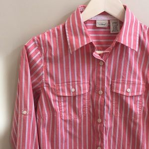 LLBean- salmon pink striped button-down shirt, XS